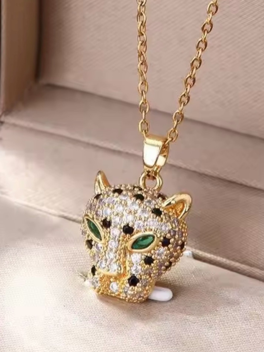 Gold-Tone Leopard Head Pendant Necklace with Green Eyes